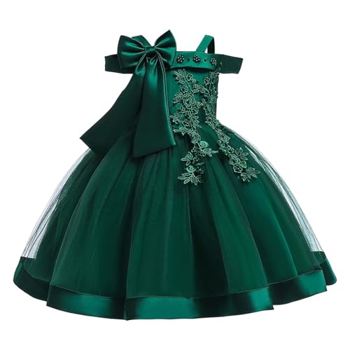 Vestido de noche sin hombros con lazo para niñas pequeñas, vestido de princesa de gala para fiestas de cumpleaños y actuaciones en el escenario, Verde oscuro., 5 6 años