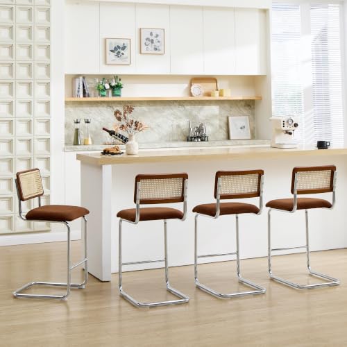 Image of ONEVOG 26 inch Mid-Century Rattan Counter Height Bar Stools, Brown, Set of 4 | Chenille Upholstered Kitchen Island Chairs with Natural Cane Back, Metal Legs and Cantilevered Design