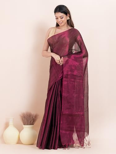 Image of Women's Tissue Cotton Saree | Plain Lightweight Tassel Pallu Saree with Blouse