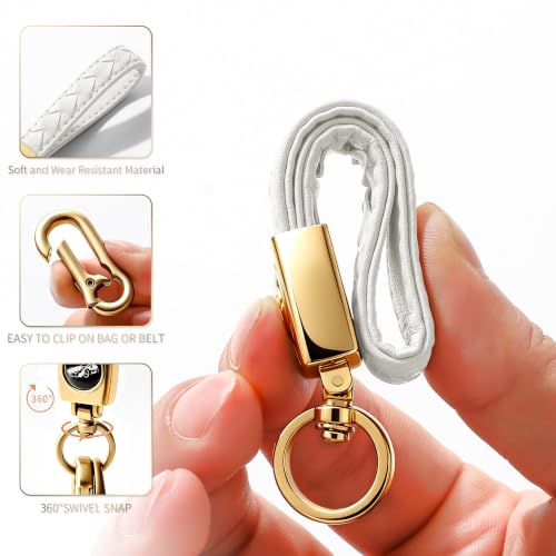 Image of Gkeygo Carabiner Keychain, Universal Heavy Duty Woven Handmade Leather Key Chain, Car Fob Key Keychains with 360 Degree Rotatable Snap Swivel and Anti-Lost D-Ring for Men and Women,Light Gold - White