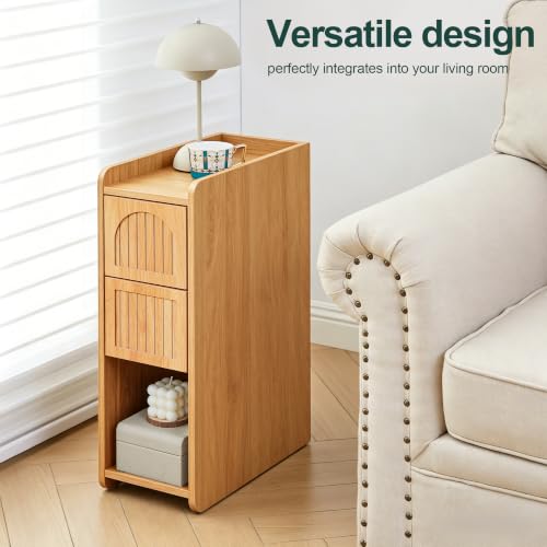 Image of Narrow Nightstand Set of 2, Wooden Small 2 Drawer Nightstand, Slim Side End Table, Skinny Bedside Table, Mid Century Modern Night Stand with Drawers for Bedroom (Yellowish Natural)
