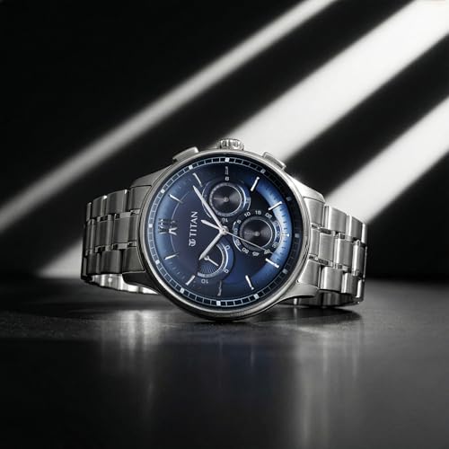 Image of Titan Classique Half Cut Chronograph Quartz Analog with Blue Dial Silver Stainless Steel Strap Watch for Men - 90218SM02