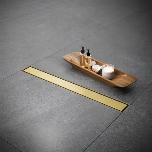 AVSIILE Linear Shower Floor Drain, Brushed Gold 28 Inch 304 Stainless Steel Bathroom Drains Kit, Rectangular Shower Trench Drain with Reversable Tile-in Pattern Drain Cover & Hair Catcher