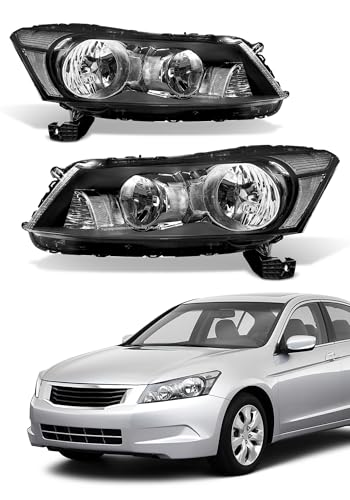Headlights Assembly fit Honda 08 09 10 11 12 Accord 4dr / 2008-2012 Accord Headlamp（NOT fit coupe or Crosstour models Black housing Amber Reflector Replacement Driver & Passenger Side(W/O Bulbs)