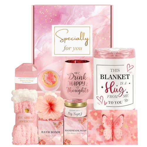 Coffret cadeau de Noël cocooning pour elle avec plaid rose et soins de spa