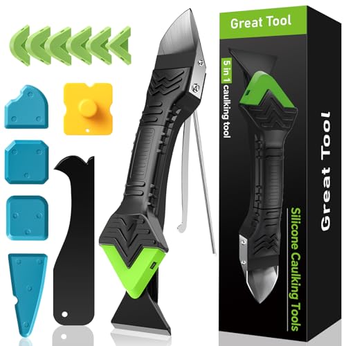 5 in 1 Silicone Caulking Tool Kit, Caulk Remover Tool with Stainless Steel Head,Caulk Finishing Tool with Different Angles,Grout Removal Tool for Kitchen Sink Washroom Floor Bathroom Toilet Caulking