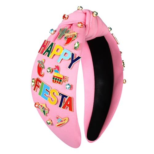 NVENF Mexican Headband for Women Cinco De Mayo Fiesta Pianata Chili Sombrero Headband Rhinestone Crystal Jeweled Wide Top Knot Hairband Mexican Hair Accessories Gifts (Happy Fiesta B-Pink)