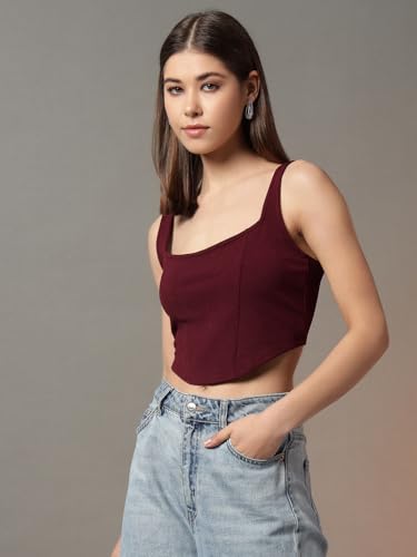 Image of Trend Arrest.ed Women's Stretchable Corset Style Crop Top | Square Neck Sleeveless Zipper Back Body-Hugging Fit | Casual