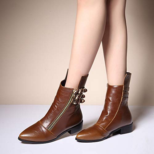 MIOKE Women's Pointed Toe Western Chelsea Ankle Boots Buckle Metallic Zipper Low Heel Riding Short Booties4