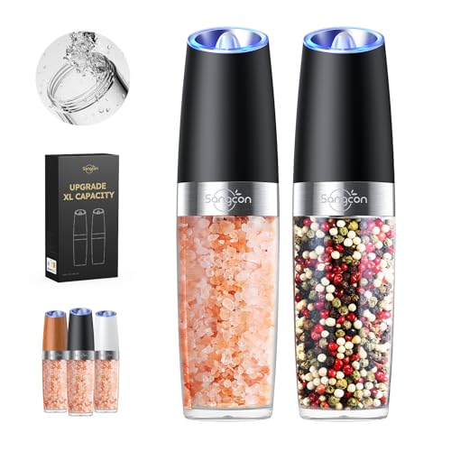 Sangcon Gravity Juego de Molinillos Eléctricos para Sal y Pimienta，9 Oz Alta Capacidad, Alimentado por Batería, Operación con una Sola Mano, Molinillos especias Automáticos(Negro)