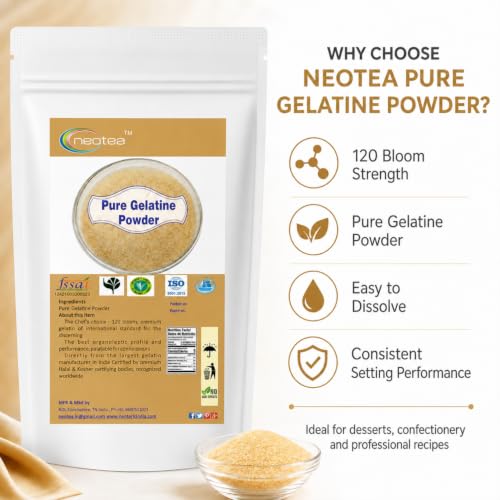Image of Neotea GELATIN Premium Gold Gelatin of International Standard (Unflavoured) Best for Cake, Pudding, Jelly, Entremets & Desserts (500 gm)