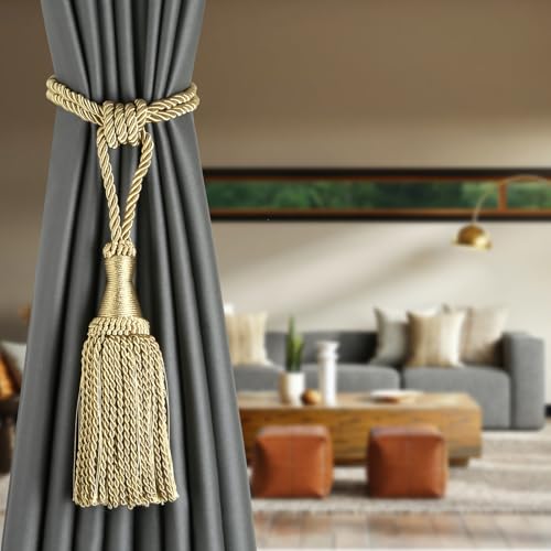 HedongHexi 2 Pack Gold Curtain Tassel Tibacks, Modern Rope Window Curtain Ties Backs for Draperies, Outdoor Elegant Decorative Curtain Holdbacks