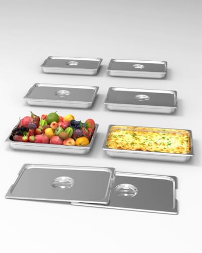 Sartenes de mesa de vapor de tamaño completo con asa y tapa, paquete de 6 sartenes de mesa de vapor de restaurante de 2.5 pulgadas de profundidad, sartenes de acero inoxidable antiatascos