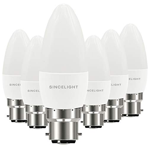 SINCELIGHT Ampoule LED en forme de bougie B35 et culot B22, IRC (RA≈92), Diffuseur laiteux, 5W, Blanc Neutre (4000K), 500lm, Lot de 6