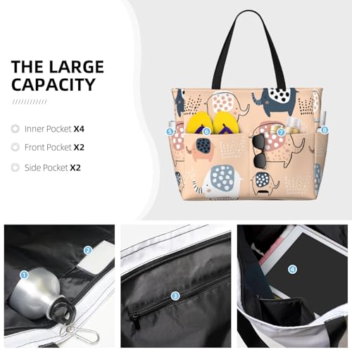 Cute Ink Drawn Elephants Print Large Beach Tote Bag for Women Extra Large Capacity Sandproof Waterproof Pool Bag Suitable for Swimming Pool Gym Groceries Travel3