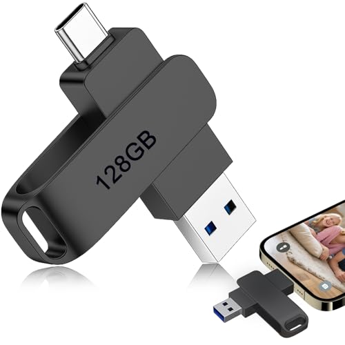 Memoria USB C 128GB Pendrive 2 En 1 Dual Tipo C Y USB 3.0, Pen Drive Metálico Giratorio OTG Alta Velocidad, Lápiz Fotográfico Almacenamiento Externo Compatible con iPhone 15 16 Android PC Tablet