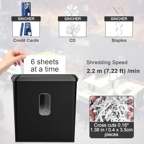 SINCHEREU für Zuhause & Büro Aktenvernichter, 6 Blatt Kreuzschnitt Papierschredder, Sicherheitsstufe P4,Schreddert Kreditkarten & CD, Papierschredder mit 11L Papierkorb