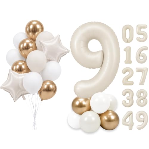 Image of PartyWoo Beige Number 9 Balloon 40 Inch 25pcs White Sand Foil Star Gold