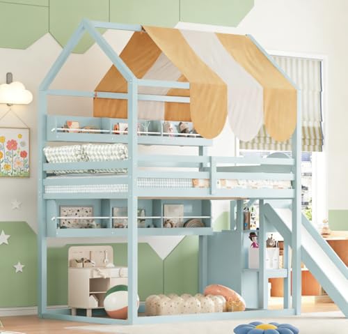 Image of Bellemave Bunk beds Full Over Full with Slide and Stair and Bookshelf House roof Design, Low bunk /loft Bed for Kids,Light Green