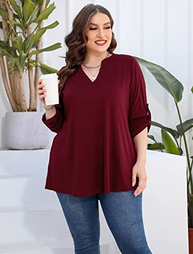 AMCLOS Womens Plus Size Tops V Neck T-Shirts Blouses Casual Soft Flowy Tunic Long Roll Tab Sleeves with Buttons3