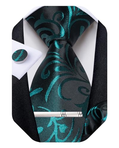 Image of DiBanGu Silk Floral Ties for Men Woven Paisley Necktie and Tie Clip Handkerchief Cufflinks Set for Party Wedding