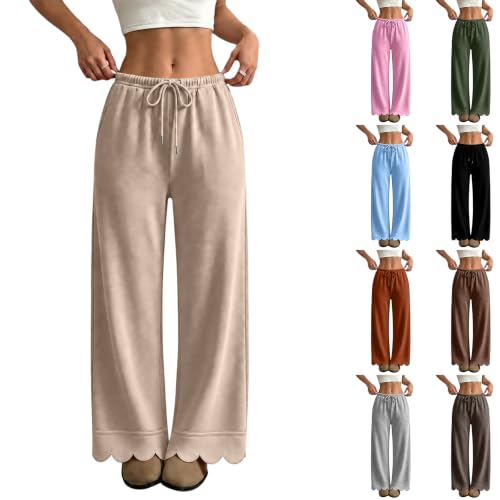 Scalloped Pants for Women Flowy Low Rise Baggy Loose Wide Leg Pants, Brown | Elastic Waisted, Straight Leg, Drawstring, Going Out Bottoms, Athletic, Gym, Work Out, Running, Fall Clothing with Pockets - image 1
