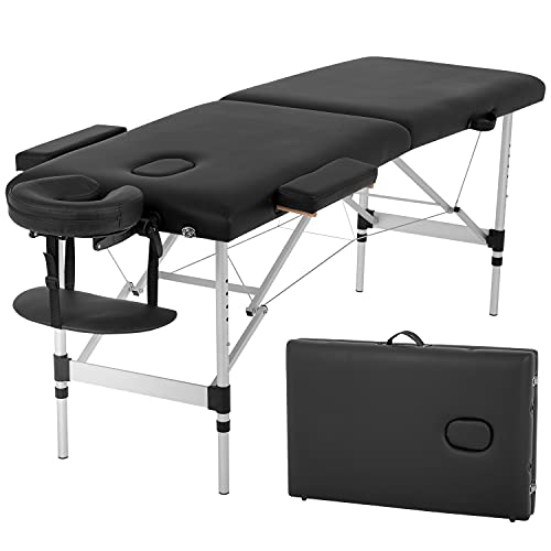 Aluminum Massage Table Portable Massage Bed Height Adjustable Spa Bed 2 Fold Facial Tattoo Salon Bed W/Face Cradle Carry Case (Black)