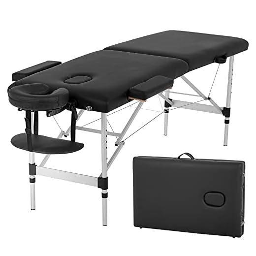 Aluminum Massage Table Portable Massage Bed Height Adjustable Spa Bed 2 Fold Facial Tattoo Salon Bed W/Face Cradle Carry Case (Black)