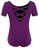 MOLLDAN Girls Dance Ballet Leotards Short Sleeve Criss Cross Straps Back(2QT5027-10-L) Dark Purple