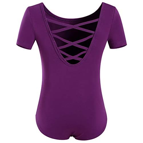 MOLLDAN Girls Dance Ballet Leotards Short Sleeve Criss Cross Straps Back Dark Purple 8-10 Years