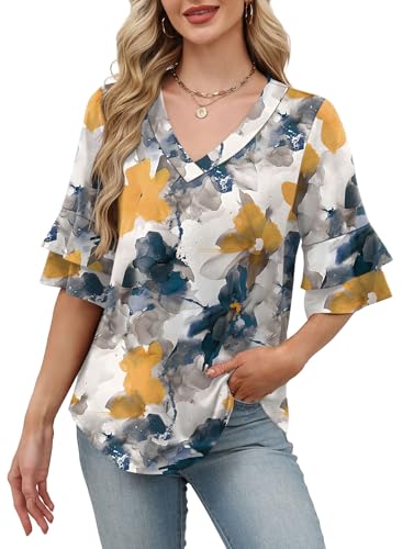 Image of OFEEFAN Spring Tops for Women Boho Shirts Fashion Clothing Cute 3 /4 Length Sleeve Blouses Dressy Casual Summer Outfits