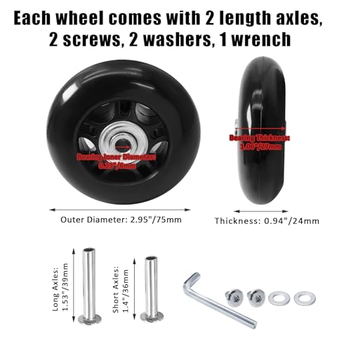 Image of Luggage Wheels Replacement, 75 x 24mm, Black Rubber, 2pcs