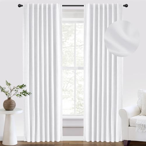 INOVADAY 100% Blackout Curtains 95 Inches Length 2 Panels Set, Back Tab/Rod Pocket Linen Black Out Curtains for Bedroom, Thermal Insulated Window Drapes - Bright White, W50 X L95