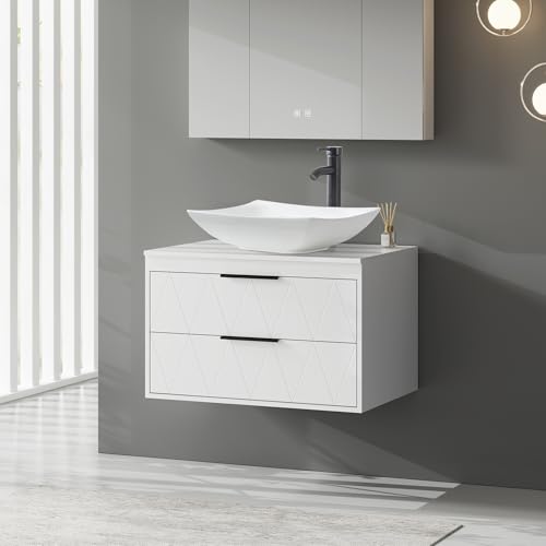 eclife 30" Floating Bathroom Vanities with Sink Combo, Wall Mounted Modern Cabinet W/Diamond Line Pattern Design, White Curved Ceramic Vessel Sink W/Water Save Faucet & Pop Up Drain, White