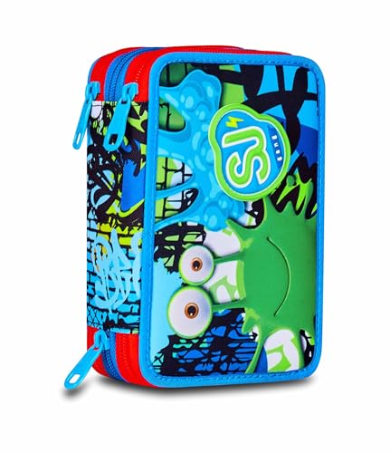 SJ GANG STYLE JAM GANG Astuccio Scuola 3 Zip,Blu, Portapenne Triplo Scomparto Completo Di Penne, Matite, Colori, Accessori Zaino, Scuola Elementare, Bambino