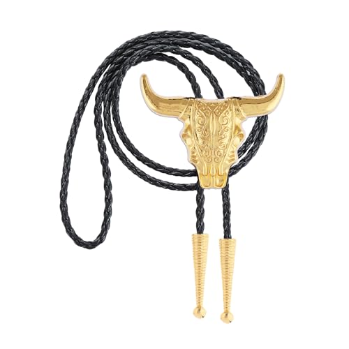 Image of GelConnie Longhorn Bull Bolo Tie for Men Native American Western Cowboy Leather Necktie Bolo Necklace for Women Gold Texas
