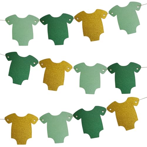 Babyparty Deko Vorgestrungen Baby Shower Deko Strampler Girlande Grün Gold Glitzer Onesies Banner Neutrale für Junge & Mädchen Geburt Taufe Gender Reveal Party