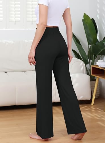 Image of Veseacky Womens Wide Leg Yoga Pants High Waisted Comfy Casual Loose Pants Lightweight Loose Casual Pajama Pants with Pockets(Black,L)