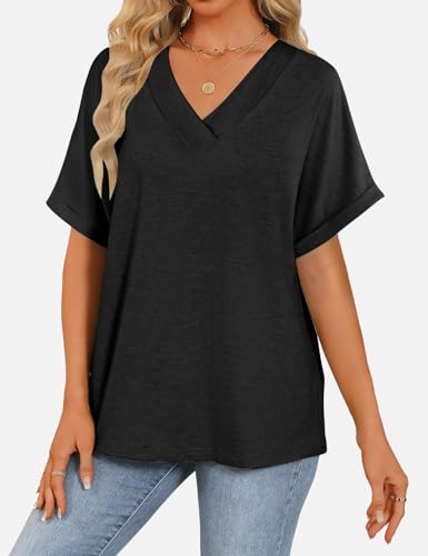 Womens Short Sleeve T Shirts V Neck Loose Fit Shirts Summer Casual Basic Tee Tops2