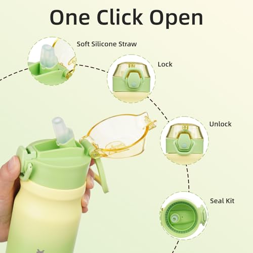 Image of BJPKPK 14 oz Insulated Water Bottle, Straw, Handle, Stainless Steel Flask | Leak Proof Locking Lid, Double Wall Vacuum, Keeps Hot /Cold, BPA Free, Dishwasher Safe, Travel & Sports, Lime
