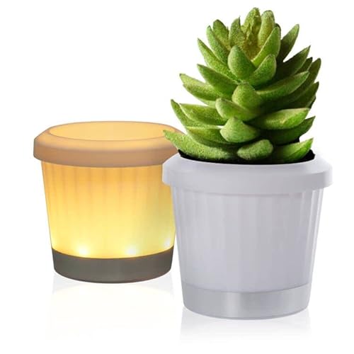 PINPON Succulent Pots Night Lights, 2 Pack 4 Inch LED Flower Cactus Lamps with 3 Lighting Mode, USB & Batteries Charging Mini Water & Land Planters with Drainage Hole