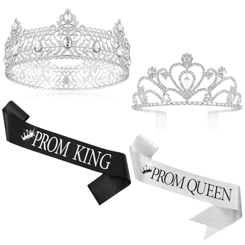 Lyrow 4 Pcs Prom King and Queen Crown Set Prom King Crown with Sash for Graduation Queen Tiara with Sash for Grad Couple Accessories Homecoming Birthday Party(Cute Black Silver)