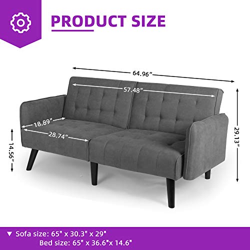 Hfg 65In Modern Fabric Linen Upholstered Convertible 2 Usb Folding Futon Couch Sofa Bed, Foldable Loveseat, Loveseats Furniture For Compact Small Space, Dorm, Living Room Apartment, Office, Dark Grey #TOP2