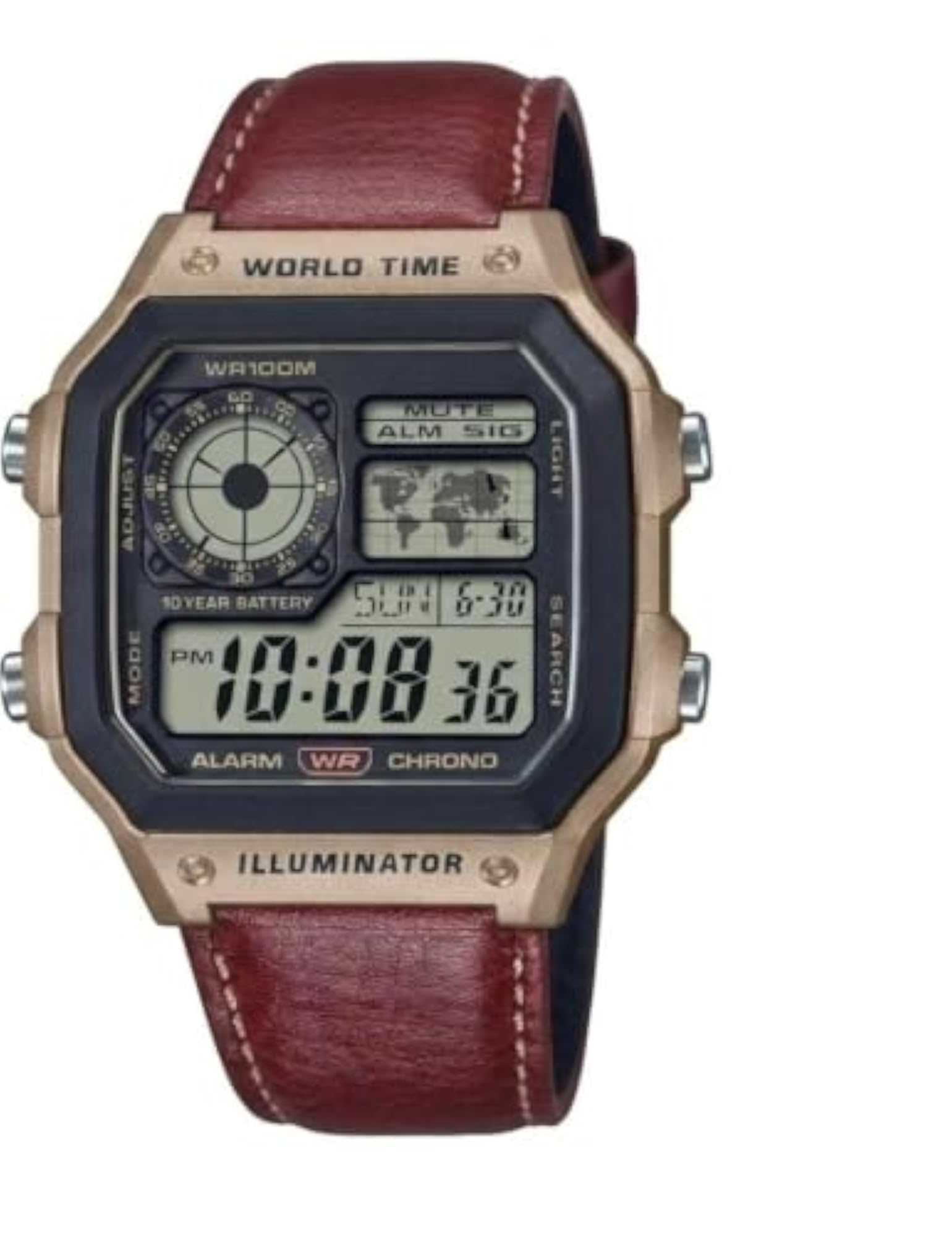 Digital Watch with World Time and Leather Strap