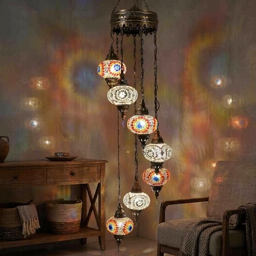 Lustre en verre mosaïque 7 globes fait main, lueur bohème poétique