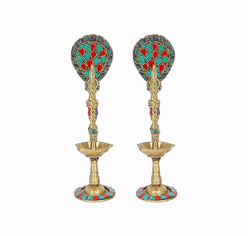 Image of Two Moustaches Gemstone Work Peacock Design 9 Inches Brass Hanging Diya Pair, Brass Diyas for Decoration, Brass Oil Lamp, Brass Diya for Puja, Standard, Pack of 2