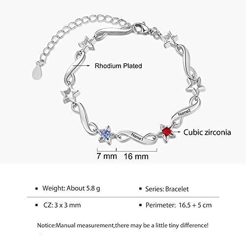 JewelOra Personalized Star Bracelets for Women, Custom Engraved 2 Names Bracelets & 2 Simulated Birthstones Charm Bracelets Adjustable Chain Heart Charm Birthday for Mother(2 Names) - Thumbnail 3