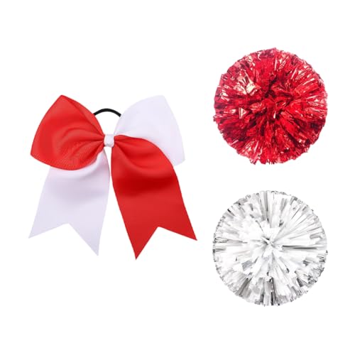 JIHUOO 2 Pcs Metallic Foil Pom Poms Cheerleading Pom Poms Team Spirit Pom Poms Sports Fan Pom Poms with Cheerleading Hair Bows Cheerleader Costume Accessories Red and White