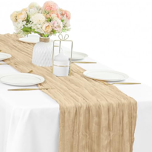 Sand 35 x 120 Inches Long Cheesecloth Table Runner Gauze Fabric 10Ft Boho Table Runner Rustic Sheer Runner for Wedding Baby Bridal Shower Birthday Holiday Party Table Arbor Decor (Sand)