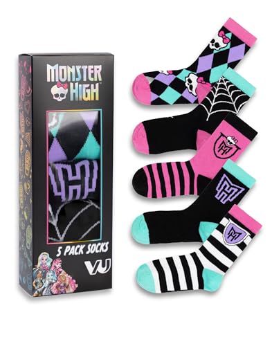Monster High Girls Multicoloured Skulls and Stripes Calf Socks | Set of 5 Pairs | Fun Patterns with Logo